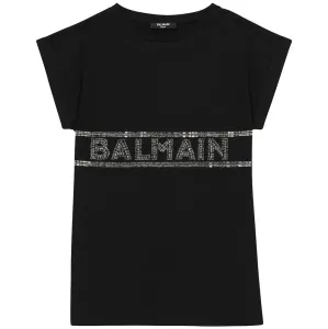 Balmain Girls Crystal Embellished Logo T-shirt Dress Black 8Y