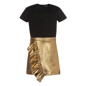Balmain Girls Ruffle Dress Black & Gold 12Y