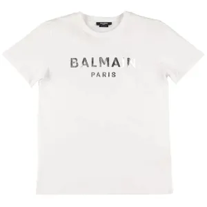 Balmain Boys Silver Tone Logo T-shirt White 4Y