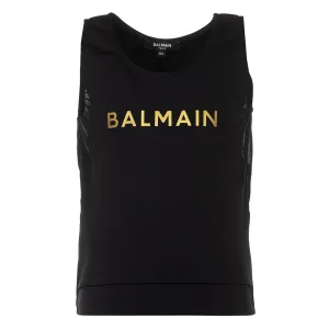 Balmain Logo Print Sleeveless Top Black 14Y