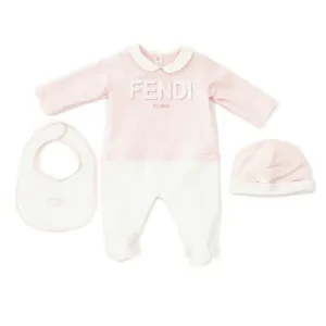 Fendi Baby Girls Babygrow, Hat & Bib Set Pink 6M