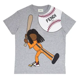 Fendi Boys Baseball Print T-shirt Grey 14Y