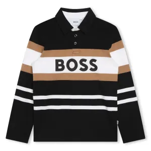 Boss Boys Striped Long Sleeve Polo in Black 08A 100% Cotton - Trimming: Lining:
