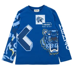 Kenzo Boys K And Tiger Logo T-shirt Blue 5A