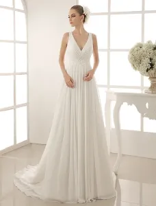 Beaded V-Neckline A-Line Wedding Gown With Chapel Train Free Customization #404430