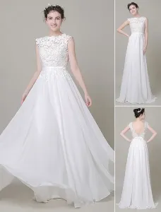 Chiffon Wedding Dress Bateau Lace Satin Sash Floor Length A-Line Summer Bridal Dress Free Customization #411034
