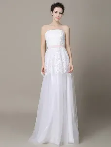 Ivory A-Line Wedding Dress Strapless Backless Sash Tulle Wedding Gown Free Customization #410090