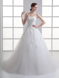 Ivory Sweetheart Neckline Tulle Strapless Beading Tulle A-Line Wedding Dress Free Customization #402708