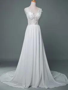 Wedding Dress V Neck Sleeveless Lace A Line Floor Length Chiffon Bridal Gowns With Train #445130