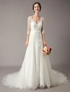 Wedding Dresses A-Line Ivory V-Neckline Lace Tulle Half Sleeve Bridal Dress With Train Free Customization #427253