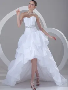 White Wedding Dress Strapless High Low Bridal Dress Rhinestones Beading Ruched Sweetheart Neckline Wedding Gown #402482