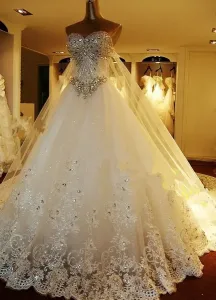 Luxury Sweetheart Neckline Lace Beaded Princess Ball Gown Wedding Dress With Cathedral Train Free Customization #406039