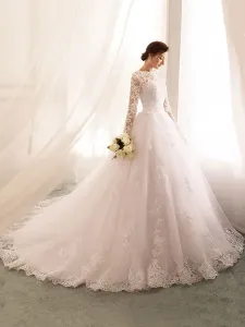 Wedding Dresses 2023 Princess Silhouette Bateau Neck Long Sleeve   Lace Tulle Bridal Gowns