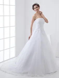 White Satin Princess Ball Gown Wedding Dress Lace Strapless Beading Bridal Dress With Court Train Free Customization #402438
