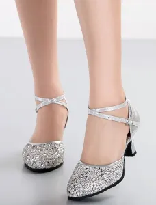 Silver Dance Shoes 2023 Glitter Round Toe Criss Cross Latin Dancing Shoes Ballroom Shoes