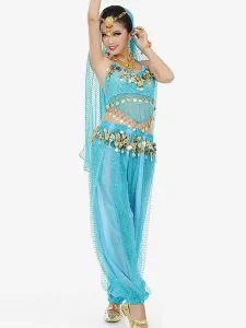 Belly Dance Blue Chiffon Women Performance Sleeveless Dancing Suit #404246