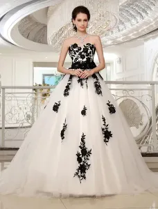 Black And White Wedding Dresses Strapless Lace Sash Beaded Ball Gown Bridal Dress Free Customization #402955