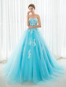 Blue Wedding Dress Lace Applique Tulle Court Train Strapless Sweetheart Lace-Up A-Line Bridal Gown #413338