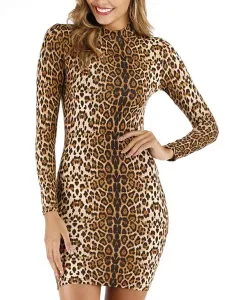 Sexy Bodycon Dress Tiger Print High Collar Long Sleeves Pencil Wrap Dresses