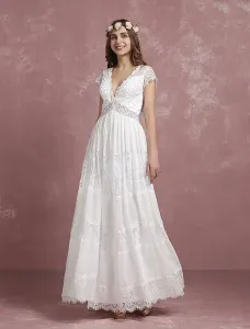 Boho Wedding Dresses Lace Beading Chiffon Deep V Neck Cap Sleeve A Line Illusion Ankle Length Beach Bridal Gown Free Customization #415638