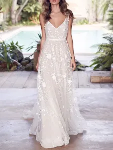 Lace Wedding Dress With Train A-Line Sleeveless V-Neck Bridal Gowns Free Customization #467366