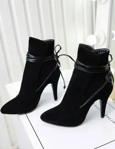 Ankle Black Suede Pointed Toe Strappy Short Booties #411744