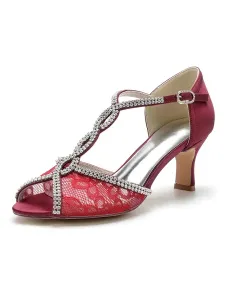 Women's Lace Rhinestones Chunky Heel Bridal Sandals #941321