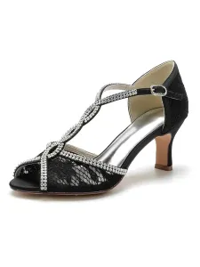Women's Lace Rhinestones Chunky Heel Bridal Sandals #941337