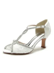Women's Lace Rhinestones Chunky Heel Bridal Sandals #941345