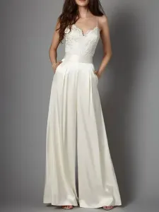 Ivory Simple Wedding Jumpsuit Satin Fabric Lace V-Neck Sleeveless Bridal Jumpsuits Free Customization #505085