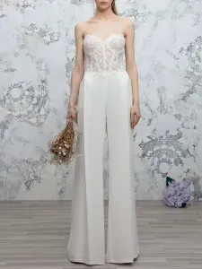 Ivory Simple Wedding Jumpsuit Strapless Sleeveless Backless Lace Stretch Crepe Bridal Jumpsuits Free Customization #516214