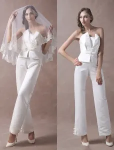 Ivory Wedding Jumpsuits Strapless Peplum Satin Bow Sash Long Bridal Jumpsuits Free Customization