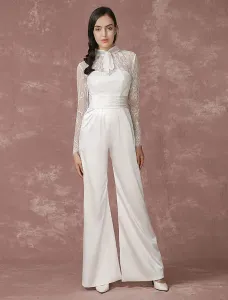 Lace Wedding Jumpsuits Long Sleeves Bridal Wedding Pants Back Illusion Satin A-line Culottes Bridal Dress Milanoo Free Customization #413979