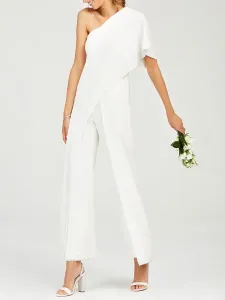 Simple Wedding Jumpsuits Ivory One Shoulder Culottes Bridal Dress #447367