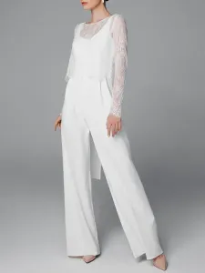 White Simple Wedding Jumpsuit A-Line Jewel Neck Long Sleeves Stretch Crepe Bridal Jumpsuits Free Customization #505131