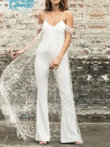 White Simple Wedding Jumpsuit A-Line V-Neck Sleeveless Backless Lace Stretch Crepe Bridal Gowns Free Customization #505097