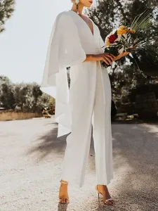 White Wedding Jumpsuit A-Line V-Neck Half Sleeves Bridal Jumpsuits Free Customization #505109