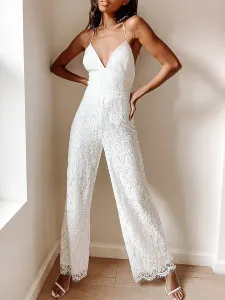 White Wedding Jumpsuit V Neck Sleeveless Backless Lace Up Ankle Length Lace Bridal Jumpsuits Free Customization #545945