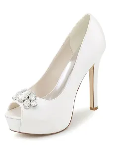 Women's Platform Wedding Shoes Peep Toe Stiletto Heel Pumps in Satin #412667