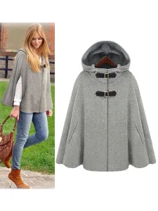 Women's Poncho Coat Hooded Oversized Grey Winter Outerwear #413740