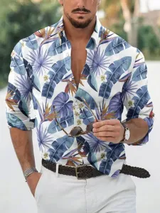Casual Shirt For Man Turndown Collar Casual Floral Printed Light Sky Blue Summer Shirts #509047