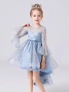Blue Flower Girl Dresses Jewel Neck 3/4 Length Sleeves Bows Formal Kids Pageant Dresses #479089