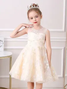 Champagne Color Flower Girl Dresses Jewel Neck Sleeveless Bows Kids Social Party Dresses #479071