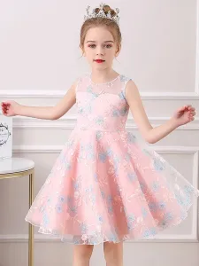 Champagne Flower Girl Dresses Jewel Neck Short Sleeves Embroidered Formal Kids Pageant Dresses #492720