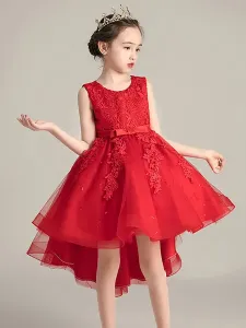 Flower Girl Dresses Jewel Neck Lace Sleeveless Knee-Length A-Line Bows Red Kids Social Party Dresses #493384