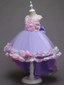Flower Girl Dresses Pink Jewel Neck Sleeveless Bows Flowers Tulle Polyester Cotton Formal Kids Pageant Dresses #492881