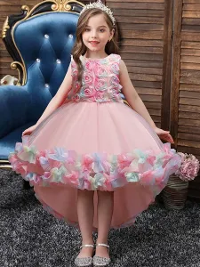 Flower Girl Dresses Pink Jewel Neck Sleeveless Bows Flowers Tulle Polyester Cotton Formal Kids Pageant Dresses #492886