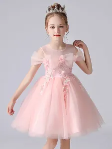 Light Pink Flower Girl Dresses Jewel Neck Polyester Short Sleeves Knee-Length A-Line Flowers Kids Party Dresses #492702