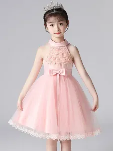 Pink Flower Girl Dresses Halter Neck Lace Sleeveless Short Princess Dress Bows Formal Kids Pageant Dresses #478784