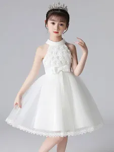Pink Flower Girl Dresses Halter Neck Lace Sleeveless Short Princess Dress Bows Formal Kids Pageant Dresses #478790